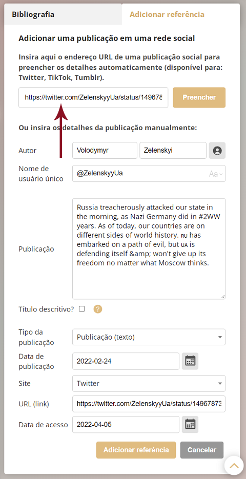 Referências bibliográficas a um tweet