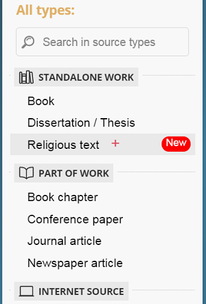New source type – 'Religious text'